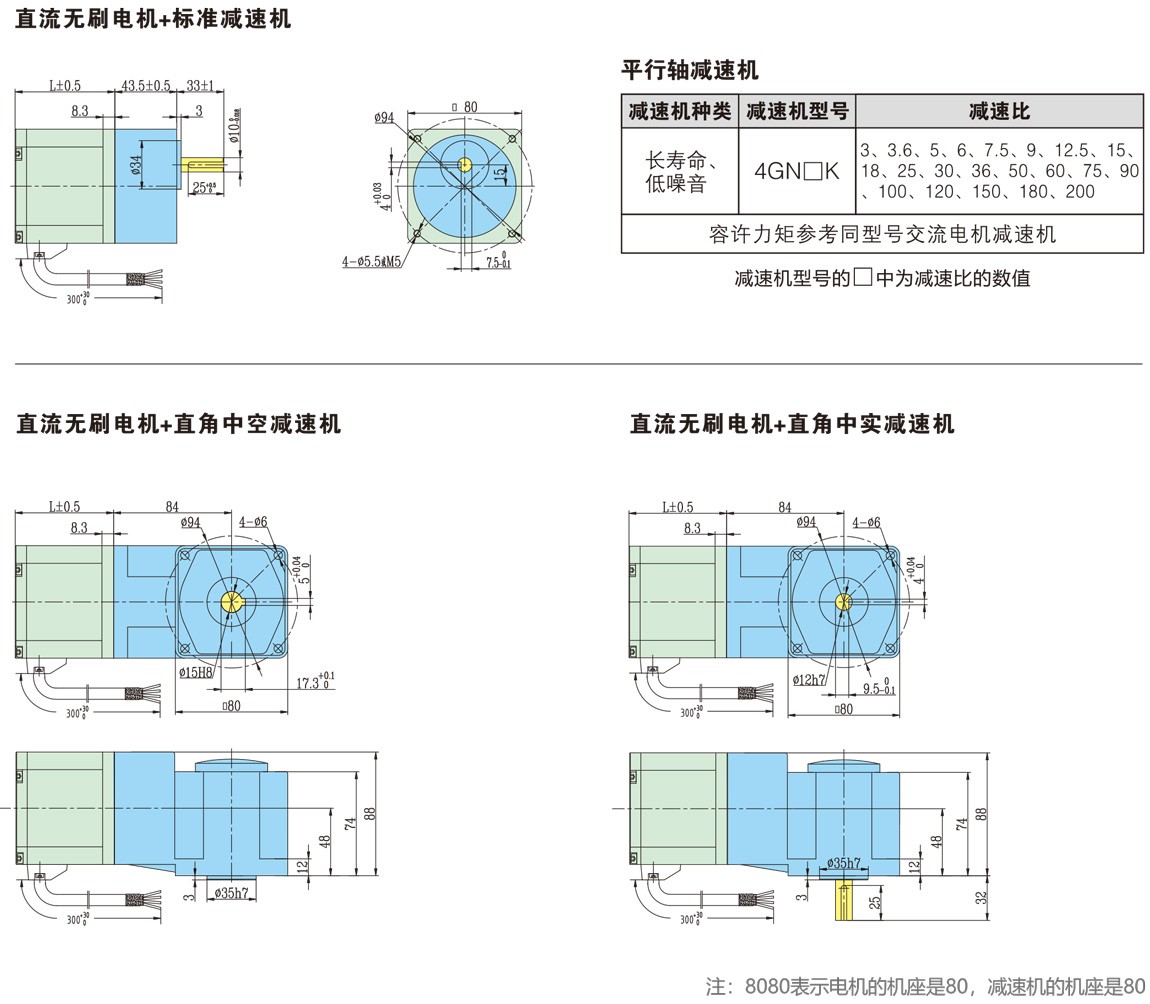 8080系列直流无刷减速电机尺寸图