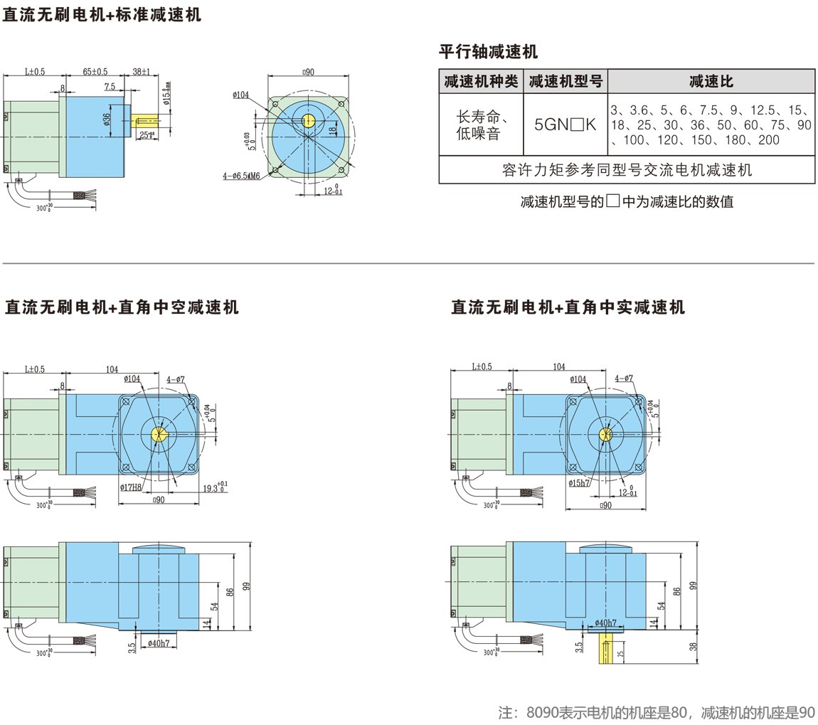 8090系列直流无刷减速电机尺寸图